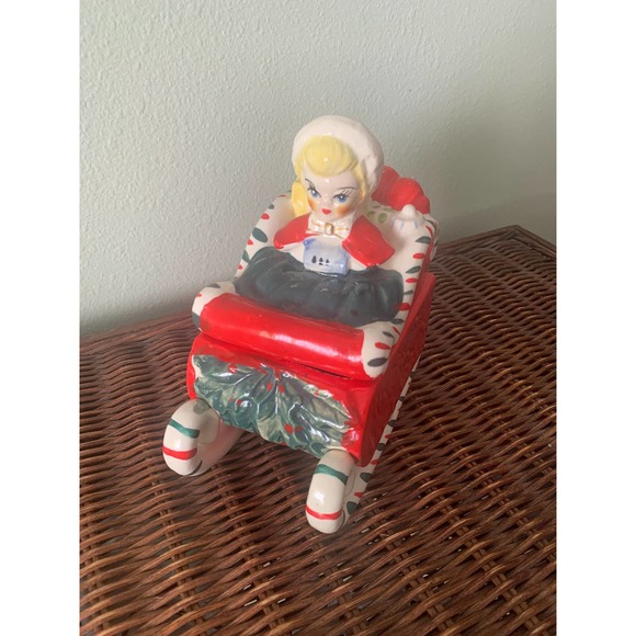 Mid Century Christmas Lefton Collectible // 1950s Candy Cane Girl on Sleigh - Picture 7 of 8